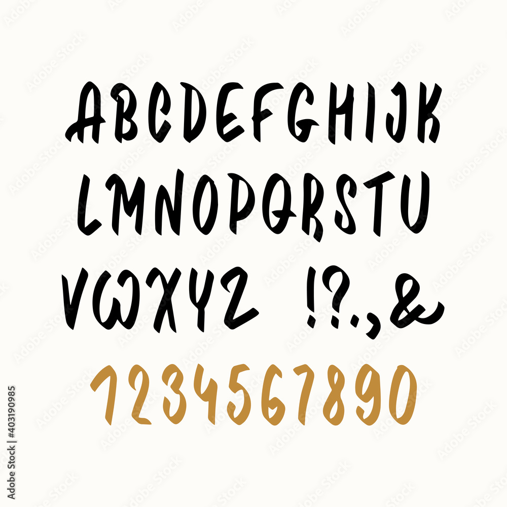 Handwritten script font. Brush font. Uppercase, numbers, punctuation