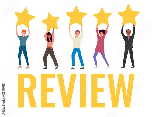 Diverse multiracial people holding star rating for review. Customer or client positive feedback, excellence five star ranking, good quality review and satisfaction level service vector illustration