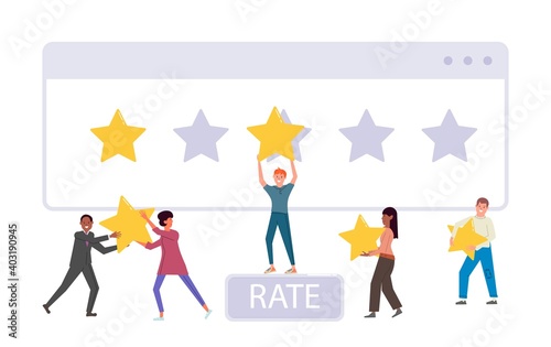 Diverse multiethnic people voting giving feedback rating star. Client, customer or user character choosing satisfaction ranking for estimation leaving personal critic review vector illustration
