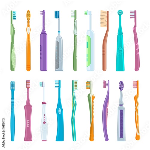 Electric and manual toothbrush set for oral hygiene. Cartoon dental brush product with nylon bristle, plastic handle for teeth health care instrument vector illustration isolated on white background
