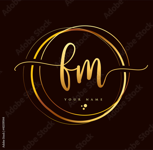 FM Initial handwriting logo golden color. Hand lettering Initials logo branding, Feminine and luxury logo design isolated on black background.