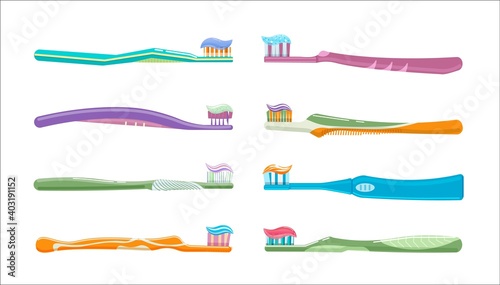 Dental toothbrush and toothpaste for oral disease prevention. Tooth brush for healthy oral hygiene, enamel brushing whitening and cleaning vector illustration isolated on white background