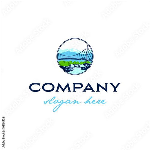 Bridge and mountains in retro style round badge