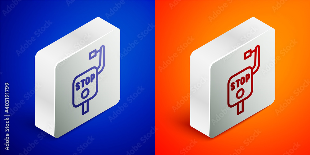 Isometric line Emergency brake icon isolated on blue and orange background. Silver square button. Vector.