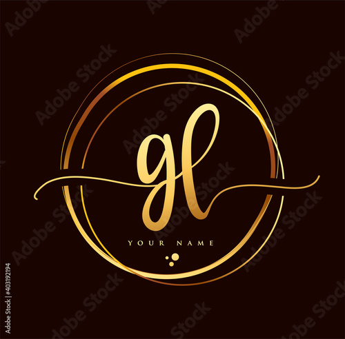 GL Initial handwriting logo golden color. Hand lettering Initials logo branding, Feminine and luxury logo design isolated on black background.