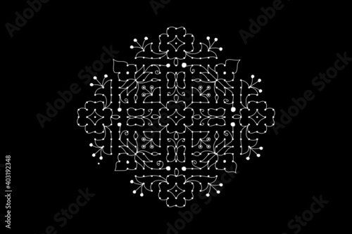 Indian Rangoli outline design traditional Indian folk art known as Kolam, Alpona, vector design isolated on black background.  
