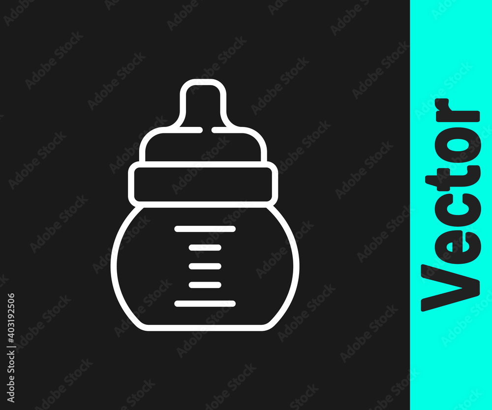 White line Baby bottle icon isolated on black background. Feeding bottle icon. Milk bottle sign. Vector. White line Baby bottle icon isolated on black background. Feeding bottle icon. Milk bottle sign. Vector.