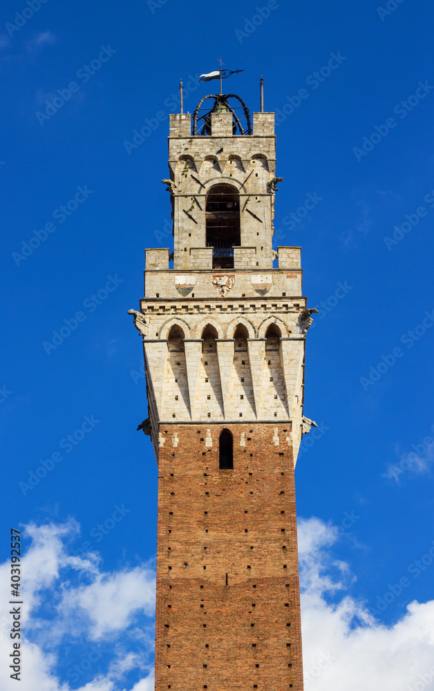 Top of the Mangia Tower (Torre del Mangia), medieval tower 102 meters high, built in 1338-1348 on Campo Square (Piazza del Campo) in Siena, Tuscany region, Italy.