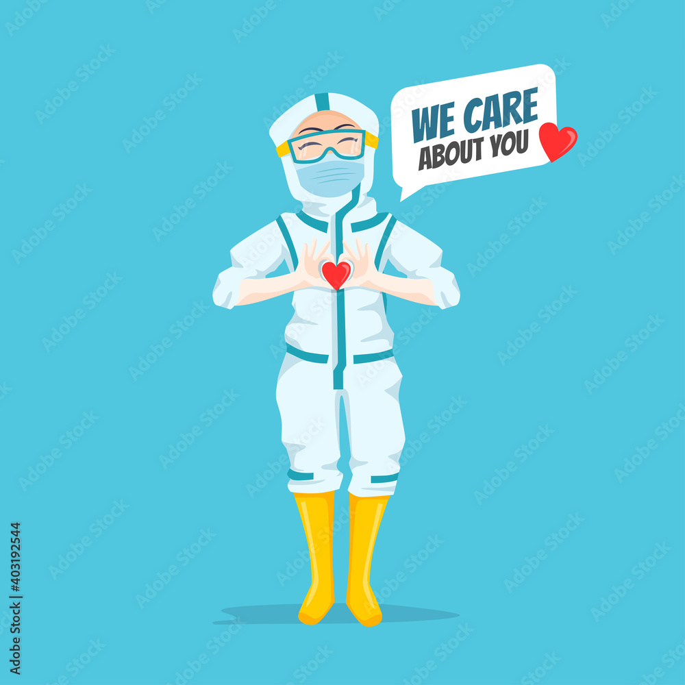 Expressive Nurse Character Illustration wearing ppe hazmat suit showing love hand gesture saying we care about you for patient motivation Expressive Nurse Character Illustration wearing ppe hazmat suit showing love hand gesture saying we care about you for patient motivation