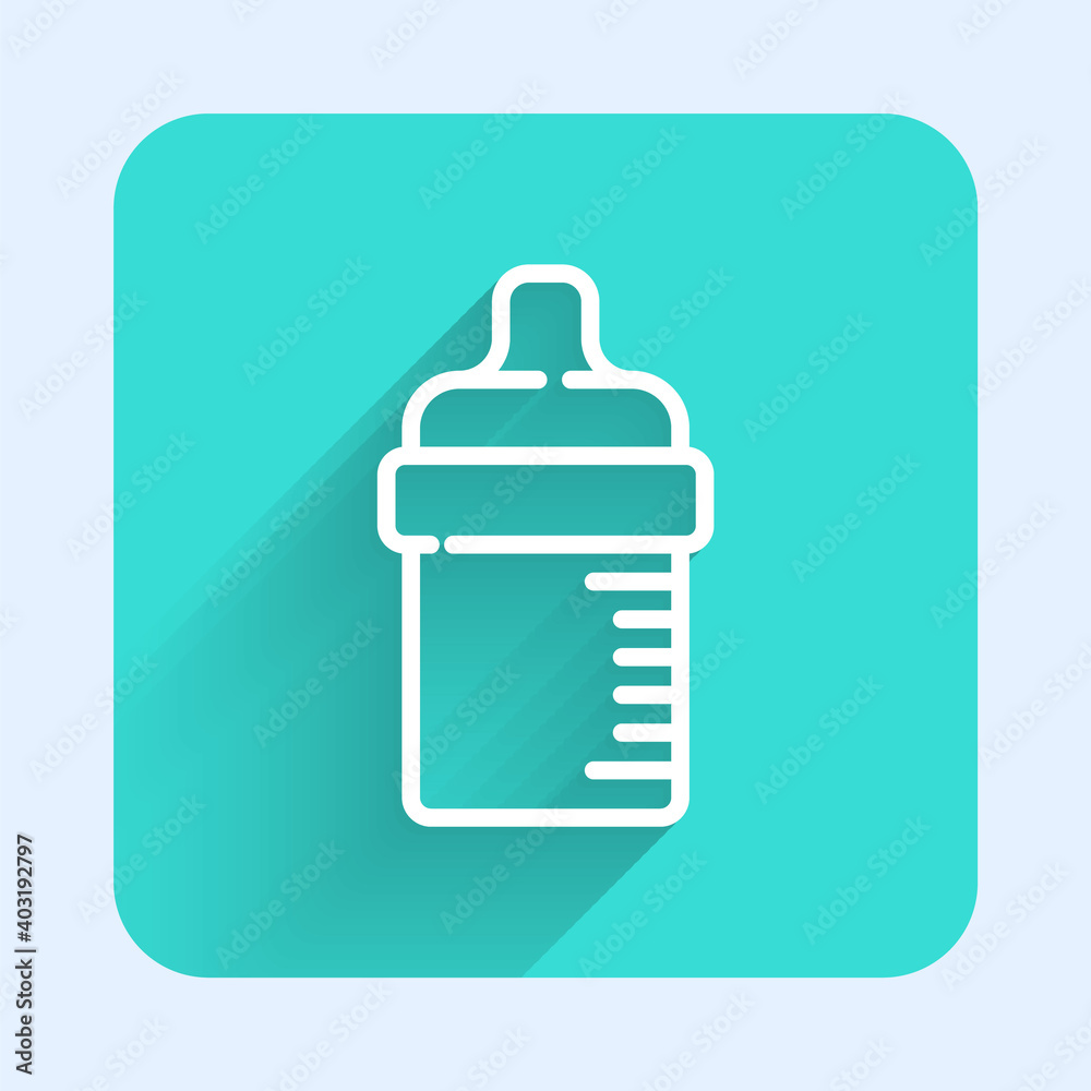 Fototapeta premium White line Baby bottle icon isolated with long shadow. Feeding bottle icon. Milk bottle sign. Green square button. Vector.