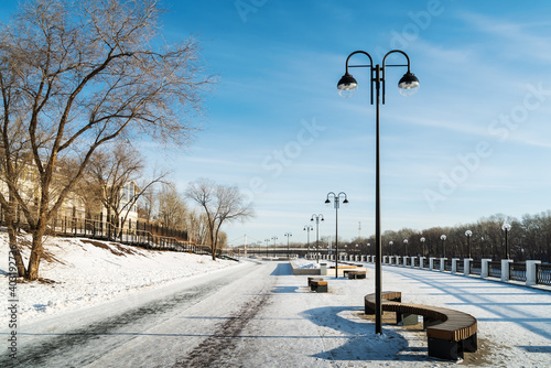 Winter city landscape. Ural river embankment, Orenburg city, Russia