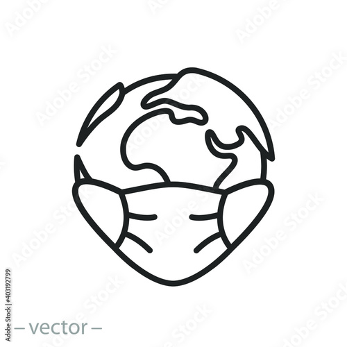 earth planet with medical mask icon, wearing protectant and prevention of health in the world, safety of the globe if covid, editable stroke vector illustration eps 10