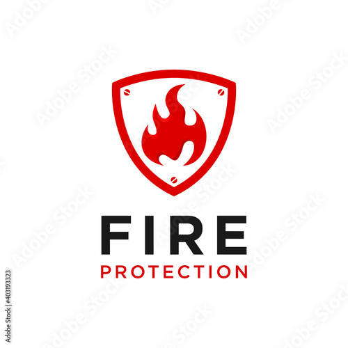 Red fire protection system shield emblem logo, professional fire protection logo design