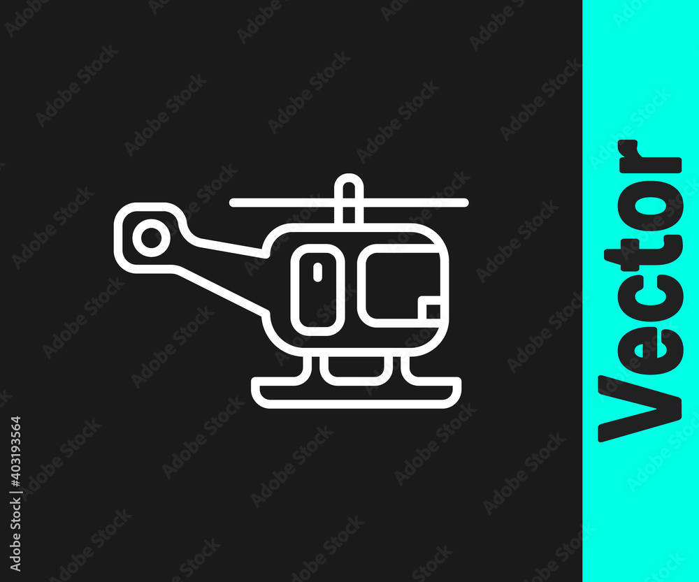 White line Rescue helicopter aircraft vehicle icon isolated on black background. Vector. White line Rescue helicopter aircraft vehicle icon isolated on black background. Vector.