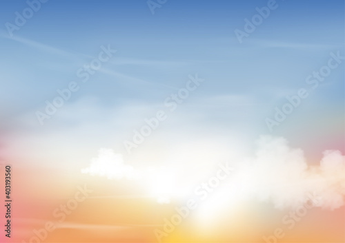 Morning sky with white clouds,Horizon Spring sky scape in pink,orange and yellow colour,Vector mesh background of nature blue sky in sunny day Summer background,World environment day concept