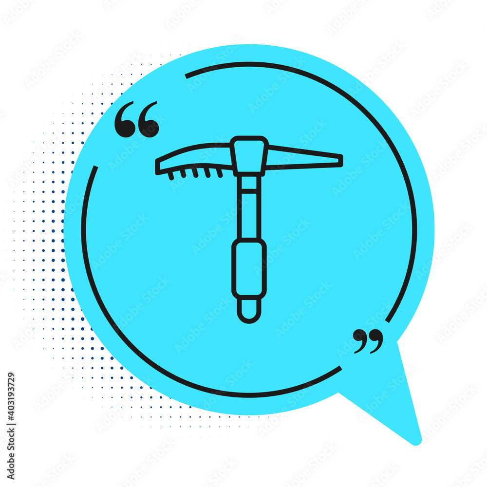 Black line Ice axe icon isolated on white background. Montain climbing equipment. Blue speech bubble symbol. Vector. Black line Ice axe icon isolated on white background. Montain climbing equipment. Blue speech bubble symbol. Vector.