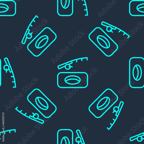 Green line Winter fishing icon isolated seamless pattern on blue background. Vector.