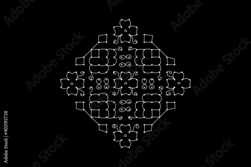  Indian traditional and cultural beautiful Rangoli with dots, flower,  shape outline design  Alpona, Kolam or Paisley vector line art isolated on  black background.   
