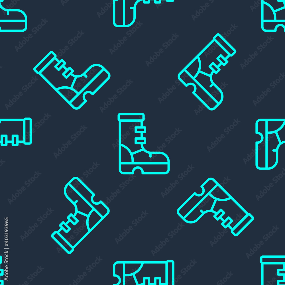 Green line Waterproof rubber boot icon isolated seamless pattern on blue background. Gumboots for rainy weather, fishing, gardening. Vector. Green line Waterproof rubber boot icon isolated seamless pattern on blue background. Gumboots for rainy weather, fishing, gardening. Vector.