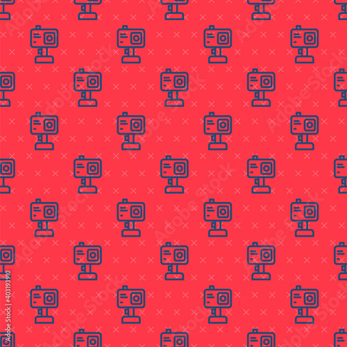 Blue line Action extreme camera icon isolated seamless pattern on red background. Video camera equipment for filming extreme sports. Vector.