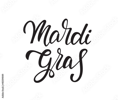 Handwritten modern brush type lettering of Mardi Gras on white background