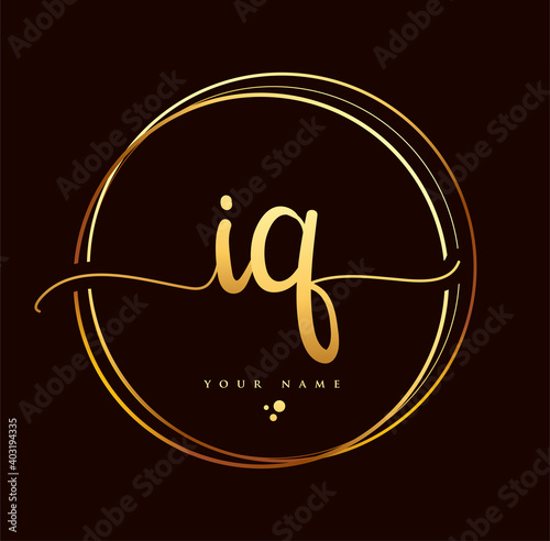 IQ Initial handwriting logo golden color. Hand lettering Initials logo branding, Feminine and luxury logo design isolated on black background.