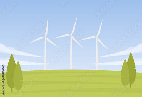 Vector Summer landscape with three Wind energy turbines