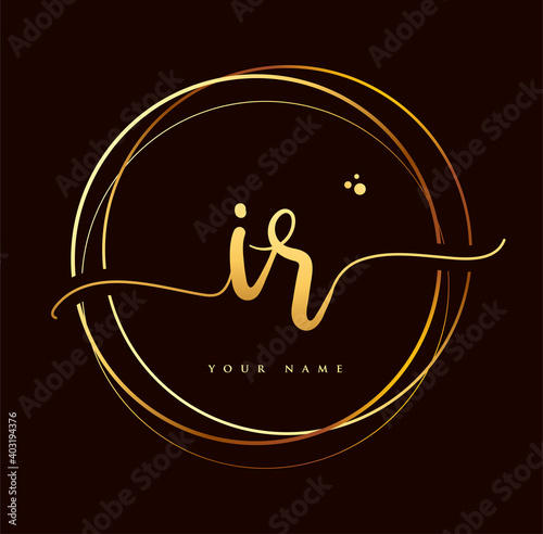 IR Initial handwriting logo golden color. Hand lettering Initials logo branding, Feminine and luxury logo design isolated on black background.