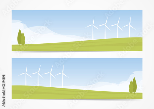 Vector Set of two banners with Summer landscape with Wind energy turbines