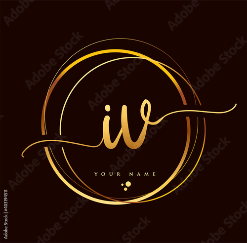 IV Initial handwriting logo golden color. Hand lettering Initials logo branding, Feminine and luxury logo design isolated on black background.