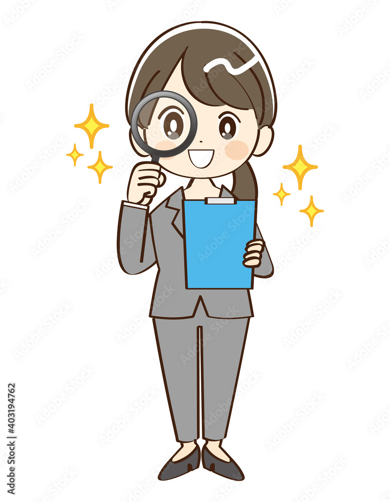 女性、スーツ、虫眼鏡、笑顔 女性、スーツ、虫眼鏡、笑顔