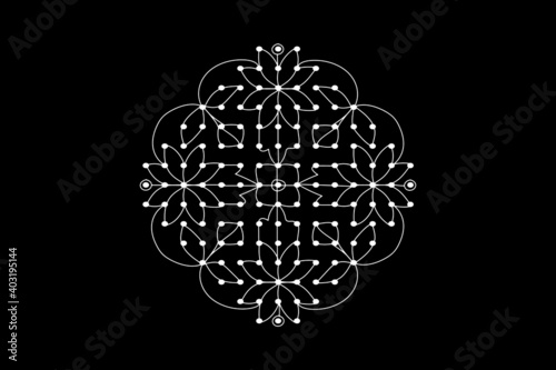  Indian traditional and cultural beautiful Rangoli with dots, star, flower,  shape outline design Alpona, Kolam or Paisley vector line art isolated on  black background.   
