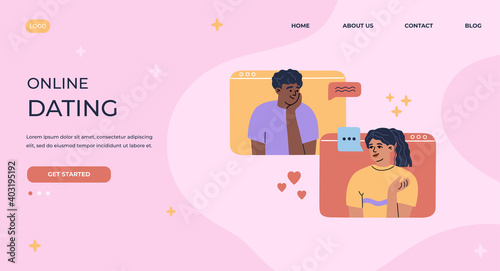 Valentines Day video call, online dating landing page. Girl and man in love spend a date at a distance, couple talk and flirt by videoconference. Modern trendy illustration in flat cartoon style.