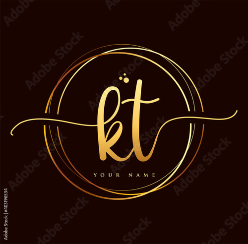 KT Initial handwriting logo golden color. Hand lettering Initials logo branding, Feminine and luxury logo design isolated on black background.