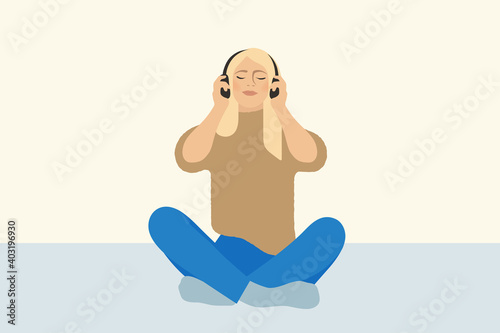 Young woman wearing over-the-ear-headphones and listening to music. Sitting cross-legged, eyes closed. Relaxing, decreasing stress, feeling calm at home. Flat vector illustration with copy space.