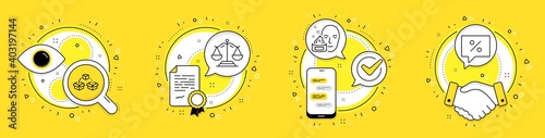 Face cream, Justice scales and Parcel shipping line icons set. Licence, cell phone and deal vector icons. Discount message sign. Gel, Judgement, Send box. Special offer. Business set. Vector