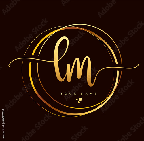LM Initial handwriting logo golden color. Hand lettering Initials logo branding, Feminine and luxury logo design isolated on black background.