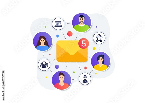 Graph laptop, Women group and Gingerbread man icons simple set. Teamwork messages banner. Employee remote work. Doctor sign. Mobile report, Lady service, Christmas cookie. Medicine person. Vector