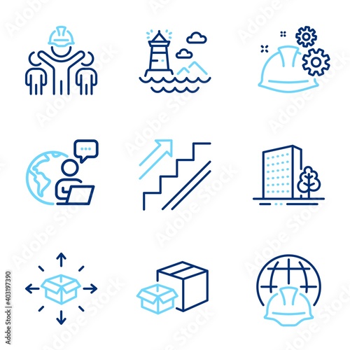 Industrial icons set. Included icon as Buildings, Parcel delivery, Lighthouse signs. Engineering team, Global engineering, Working process symbols. Packing boxes, Stairs line icons. Vector