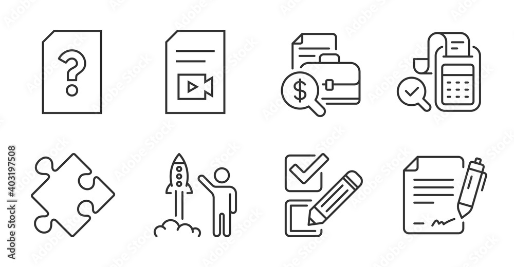 Bill accounting, Checkbox and Video file line icons set. Unknown file, Signing document and Accounting report signs. Strategy, Launch project symbols. Audit report, Survey choice, Vlog page. Vector