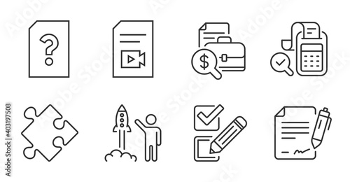 Bill accounting, Checkbox and Video file line icons set. Unknown file, Signing document and Accounting report signs. Strategy, Launch project symbols. Audit report, Survey choice, Vlog page. Vector