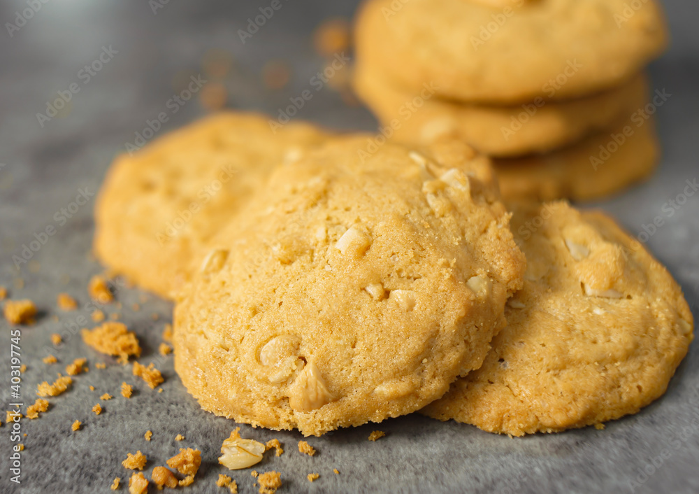 Close up selective focus sweets cookie chips oatmeal mixed grain food fresh made snack or dessert american food style blurred background Close up selective focus sweets cookie chips oatmeal mixed grain food fresh made snack or dessert american food style blurred background