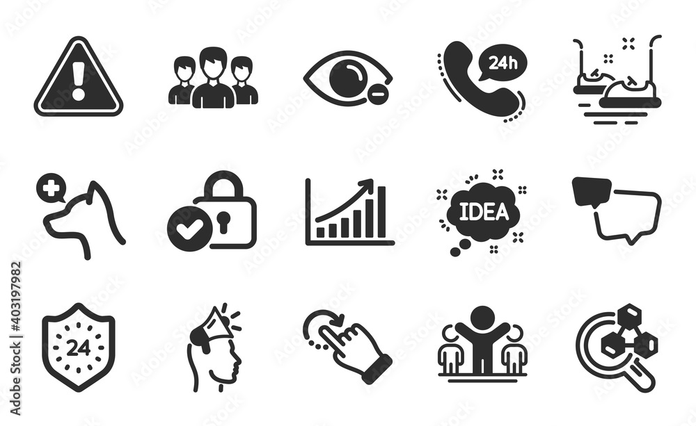 24 hours, Brand ambassador and Verified locker icons simple set. Bumper cars, Idea and Rotation gesture signs. 24h service, Speech bubble and Myopia symbols. Flat icons set. Vector