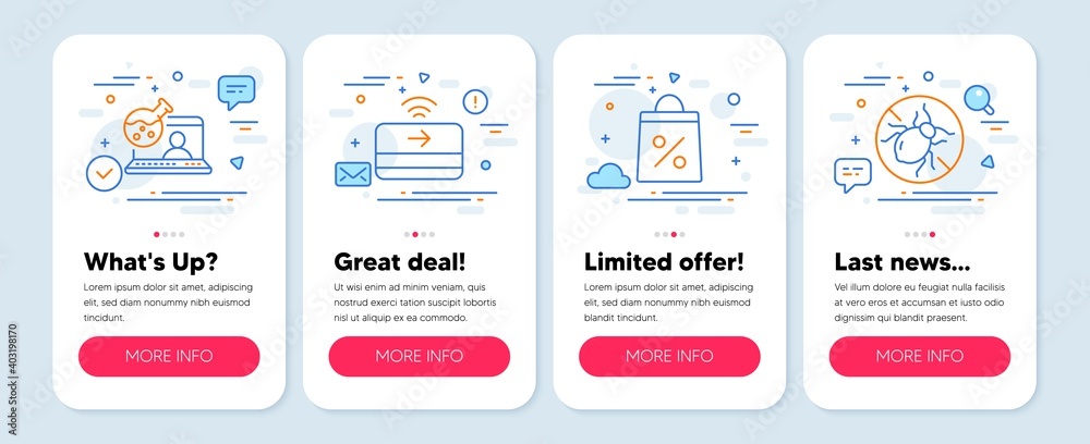 Set of Business icons, such as Contactless payment, Online chemistry, Shopping bag symbols. Mobile app mockup banners. Bed bugs line icons. Financial payment, Lab flask, Supermarket discounts. Vector