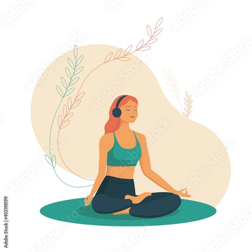 Woman meditating in the Lotus position and saying Om. Girl with the headphones practising the guided meditation. Modern flat illustration on yoga topic. Vector illustration in flat style. Young woman
