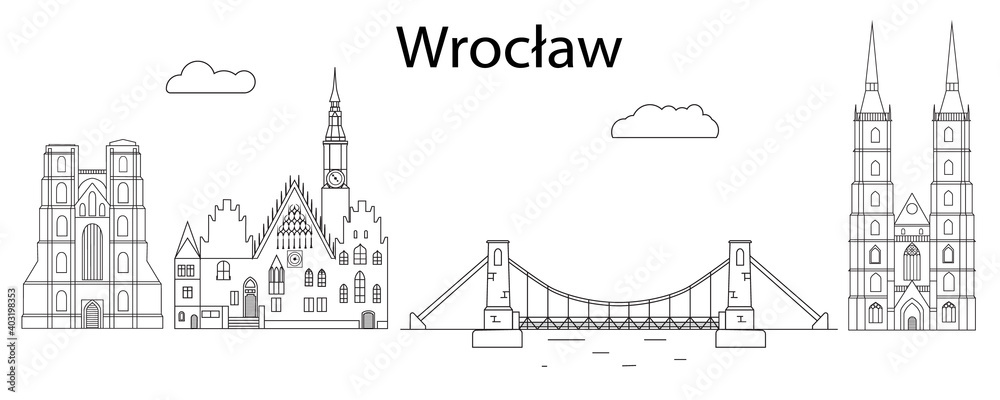 Wroclaw skyline cityscape - line art vector illustration - obrazy, fototapety, plakaty 