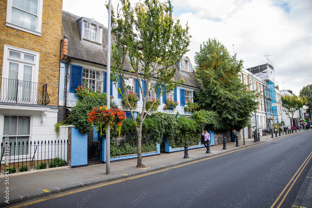 Blue British house with a fence covered with climbing plants