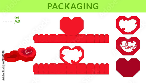 Heart packaging design for Valentine's day, birthdays, baby showers for sweets, candies, small presents, bakery. Retail box blueprint template design. Print, cutout, fold, glue. Vector illustration