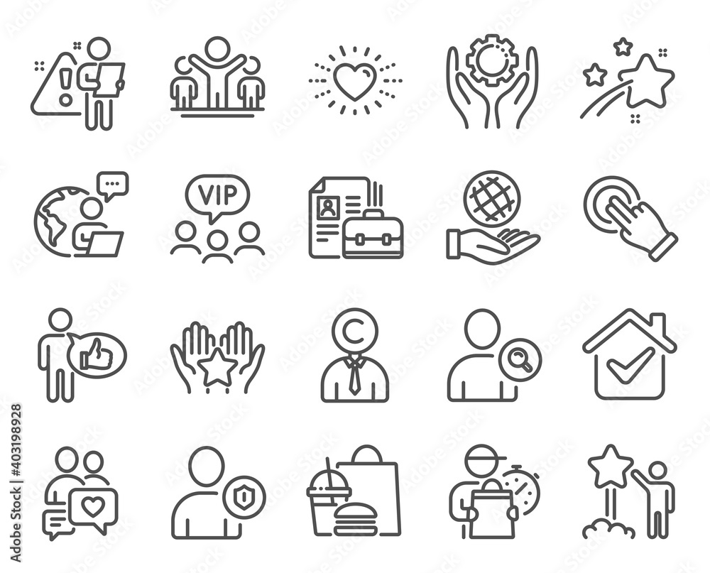 People icons set. Included icon as Safe planet, Ranking, Like signs. Vacancy, Winner, Heart symbols. Copyrighter, Security, Touchscreen gesture. Dating chat, Star, Vip clients. Find user. Vector People icons set. Included icon as Safe planet, Ranking, Like signs. Vacancy, Winner, Heart symbols. Copyrighter, Security, Touchscreen gesture. Dating chat, Star, Vip clients. Find user. Vector