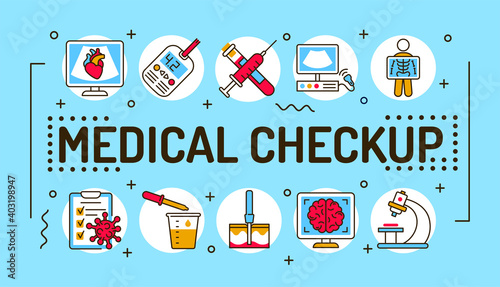 Medical checkup word lettering typography. Infographics with linear icons on blue background. Creative idea concept. Isolated outline color illustration